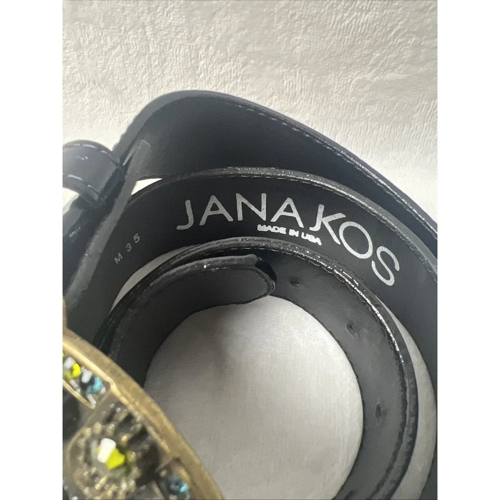 Womens Belt Black Patten Leather‎ 35Blue Rhinestone Buckle Fashion Boho Jana Kos